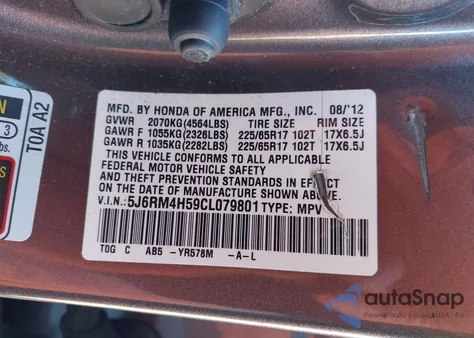 2012 Honda Cr-V Ex from USA, damaged, VIN 5J6RM4H59CL079801